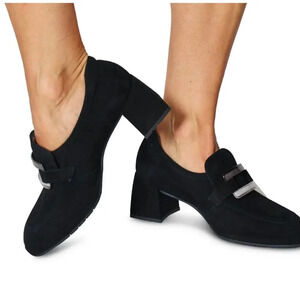 Softwaves Lina Heeled Loafer Shoes Suede Black Silver Buckle Size 38 Womens 7.5